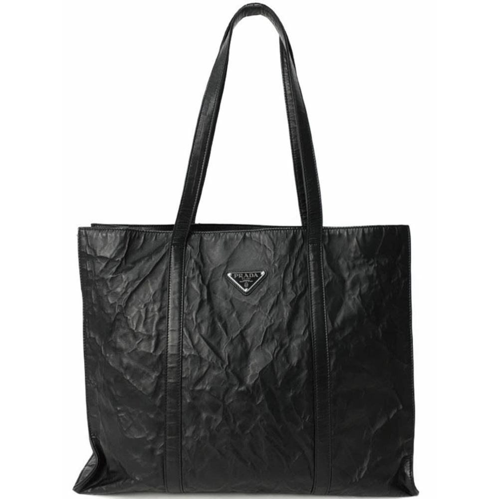 Prada black crinkle nappa leather tote bag triangle logo